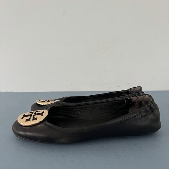 Tory Burch Minnie Black Leather Gold Logo Elastic Heel Ballet Flats - Picture 4 of 7